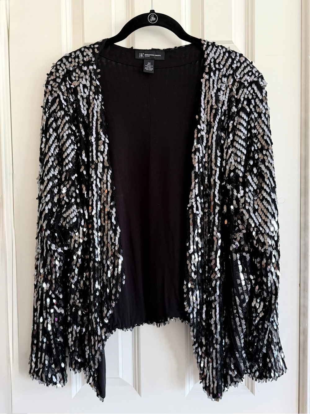 INC International Concepts Black Sequin Open-Front Draped Cardigan, OX, NWOT